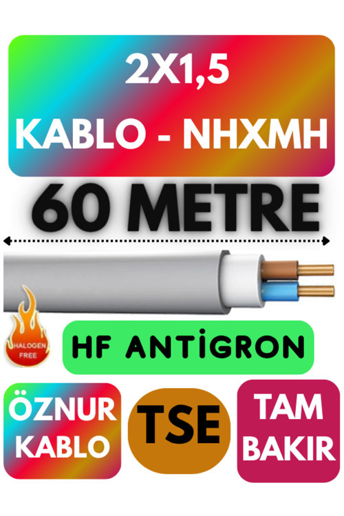 Öznur 2x1,5 NHXMH (ALEV İLETMEZ) Kablo Metre Seçenekli (Gri) 60 METRE
