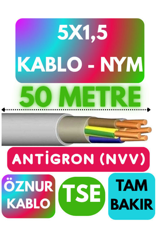 Öznur 5X1,5 ANTİGRON (NYM) Kablo (Gri) Metre Seçenekli 50 METRE