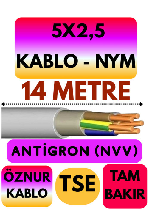 Öznur 5X2,5 ANTİGRON (NYM) Kablo (Gri) Metre Seçenekli 14 METRE