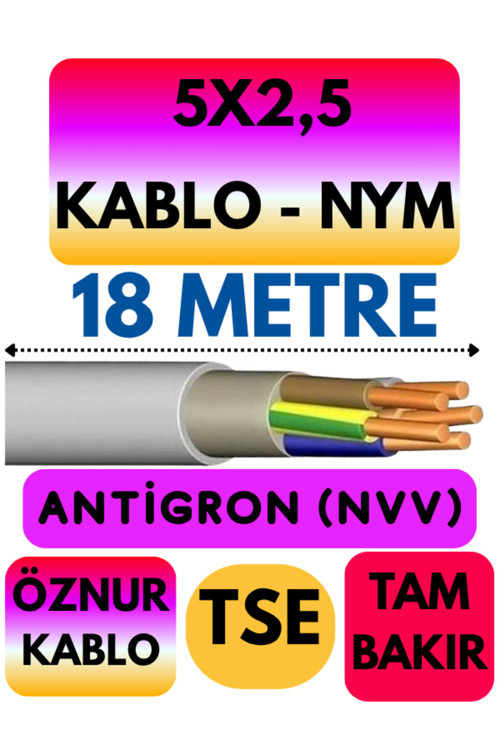 Öznur 5X2,5 ANTİGRON (NYM) Kablo (Gri) Metre Seçenekli 18 METRE