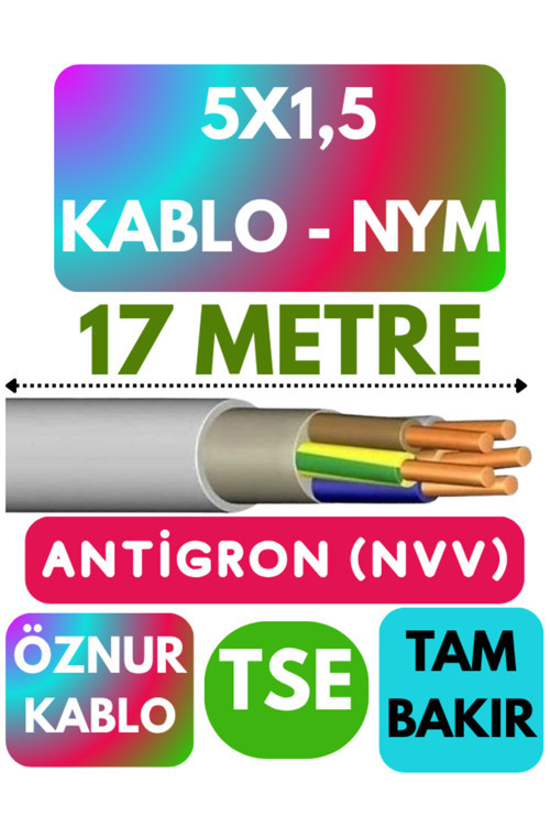Öznur 5X1,5 ANTİGRON (NYM) Kablo (Gri) Metre Seçenekli 17 METRE