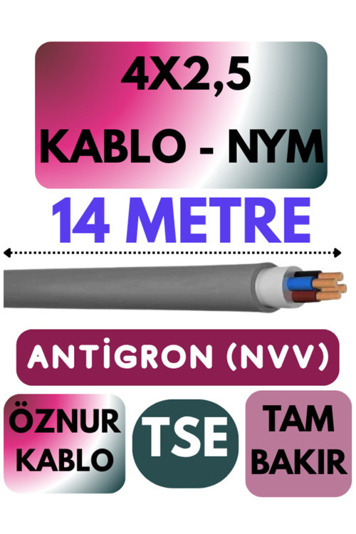 Öznur 4X2,5 ANTİGRON (NYM) Kablo (Gri) Metre Seçenekli 14 METRE