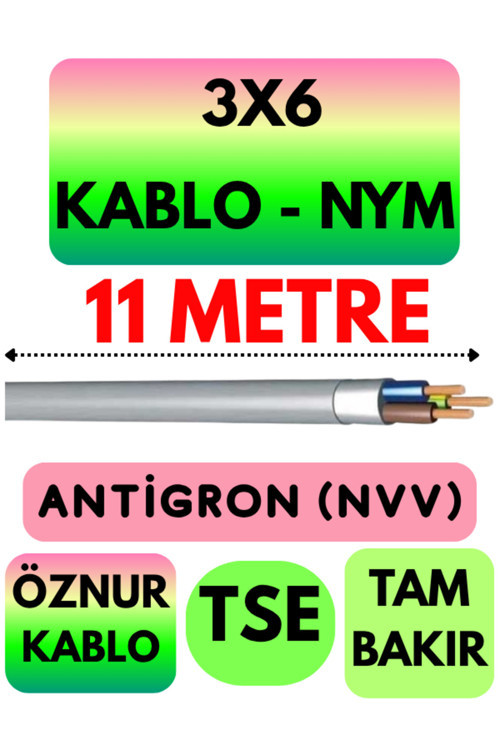 Öznur 3X6 ANTİGRON (NYM) Kablo (Gri) Metre Seçenekli 11 METRE