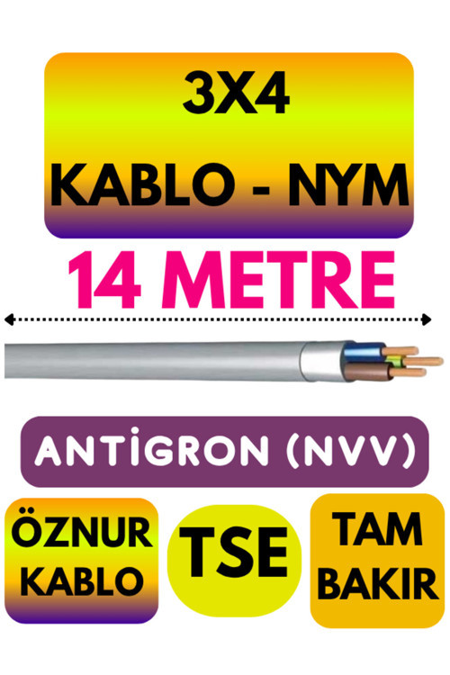 Öznur 3X4 ANTİGRON (NYM) Kablo (Gri) Metre Seçenekli 14 METRE