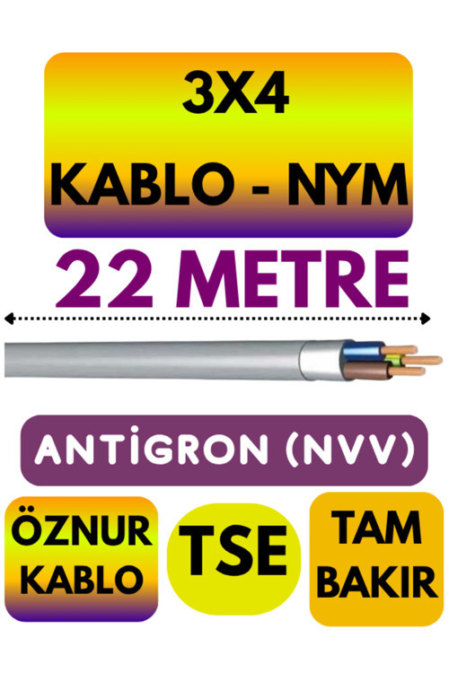 Öznur 3X4 ANTİGRON (NYM) Kablo (Gri) Metre Seçenekli 22 METRE