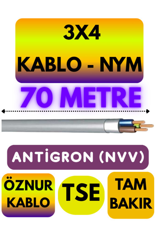 Öznur 3X4 ANTİGRON (NYM) Kablo (Gri) Metre Seçenekli 70 METRE