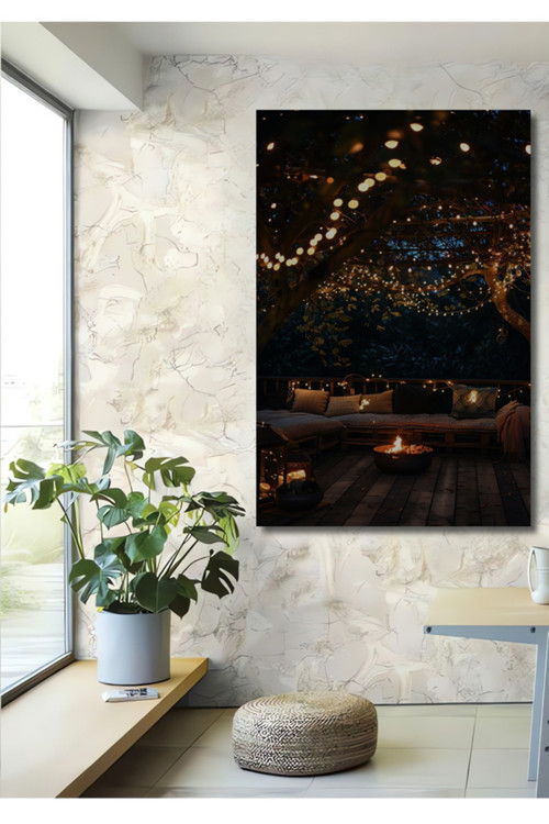 Ahşap Dekoratif Tablo Işıklarla Büyülenmiş Bahçe Keyfi Ev,Salon,Antre,Cafe,Ofis
