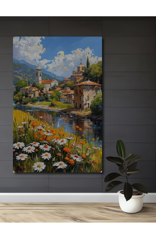 Bahar Yeşili Köy Manzarası Yağlı Boya Görünümlü Ahşap Dekoratif Tablo Ev,Salon,Antre,Cafe,Ofis