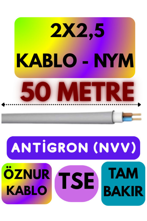 Öznur 2X2,5 ANTİGRON (NYM) Kablo (Gri) Metre Seçenekli 50 METRE