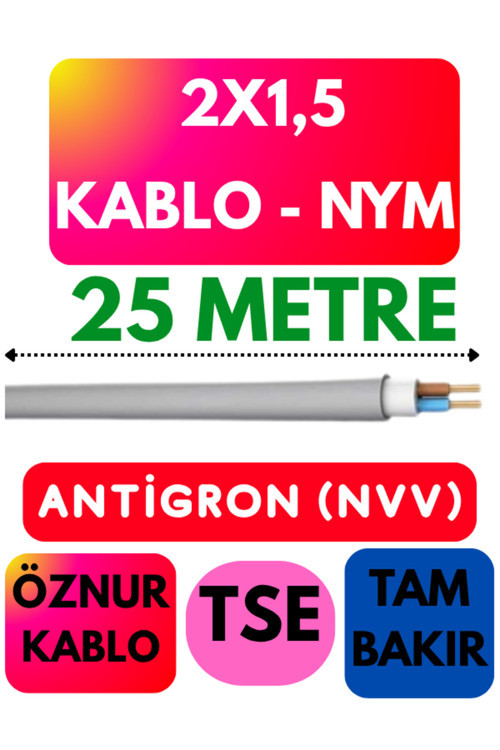 Öznur 2X1,5 ANTİGRON (NYM) Kablo (Gri) Metre Seçenekli 25 METRE