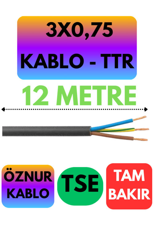 Öznur 3X0,75 TTR Kablo (Siyah) Metre Seçenekli 12 METRE