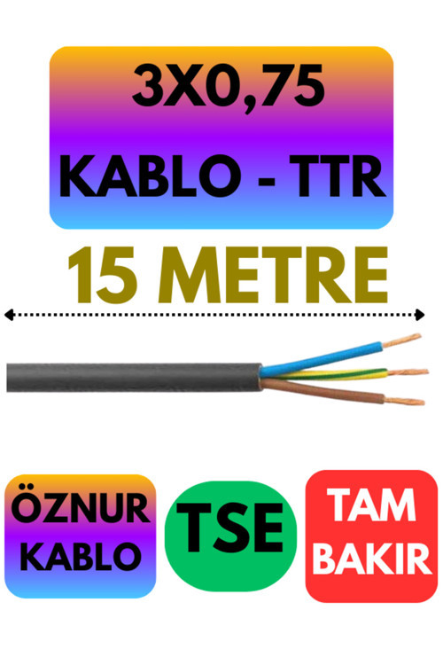 Öznur 3X0,75 TTR Kablo (Siyah) Metre Seçenekli 15 METRE