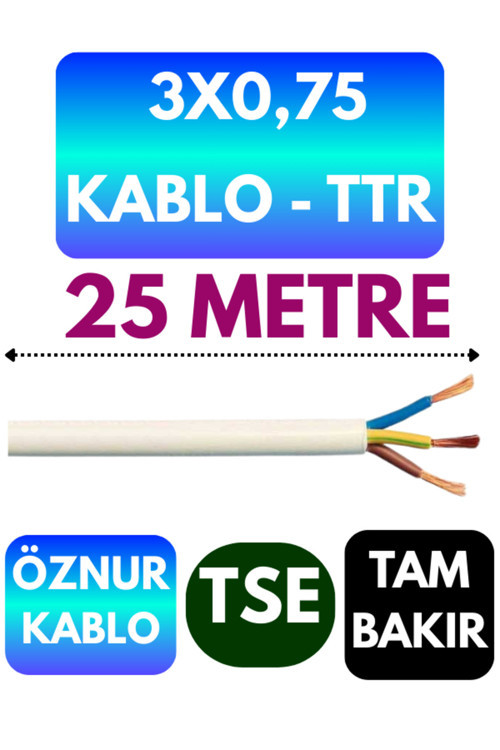 Öznur 3X0,75 TTR Kablo (Beyaz) Metre Seçenekli 25 METRE