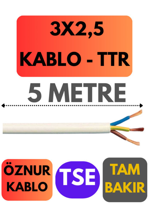 Öznur 3X2,5 TTR Kablo Metre Seçenekli (Beyaz) 5 METRE