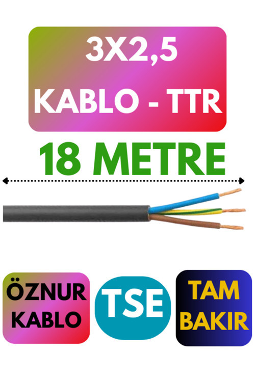 Öznur 3X2,5 TTR Kablo Metre Seçenekli (Siyah) 18 METRE