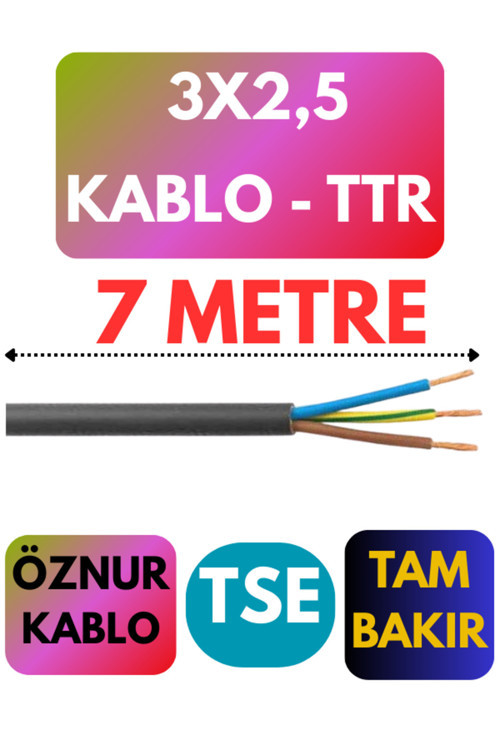 Öznur 3X2,5 TTR Kablo Metre Seçenekli (Siyah) 7 METRE