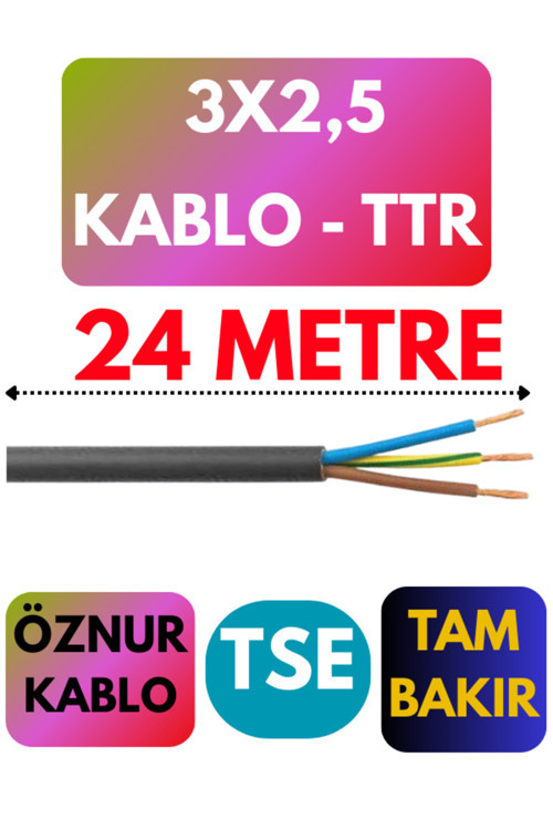 Öznur 3X2,5 TTR Kablo Metre Seçenekli (Siyah) 24 METRE