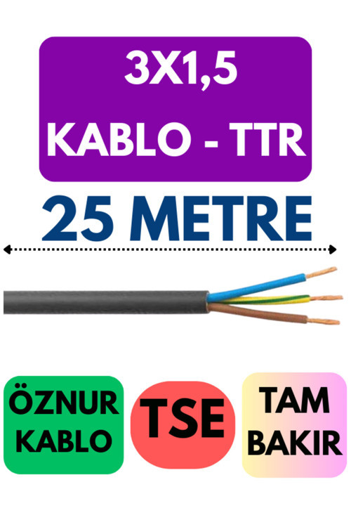 Öznur 3X1,5 TTR Kablo Metre Seçenekli (Siyah) 25 METRE
