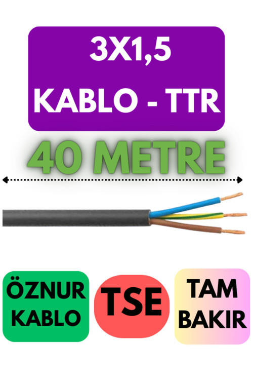 Öznur 3X1,5 TTR Kablo Metre Seçenekli (Siyah) 40 METRE