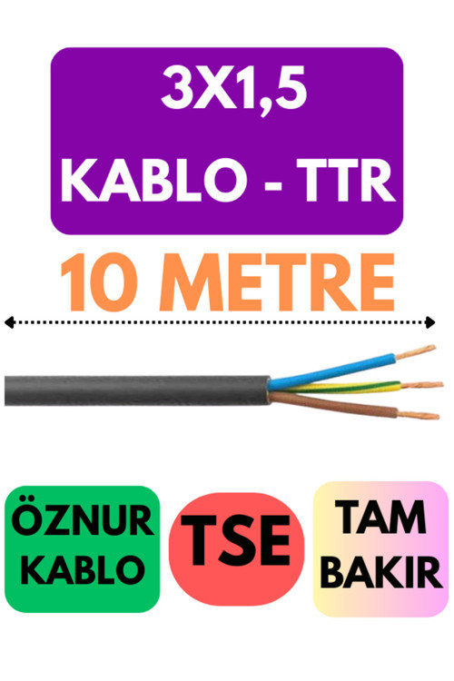 Öznur 3X1,5 TTR Kablo Metre Seçenekli (Siyah) 10 METRE
