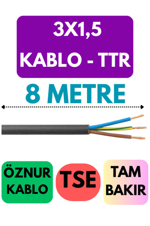 Öznur 3X1,5 TTR Kablo Metre Seçenekli (Siyah) 8 METRE