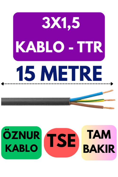 Öznur 3X1,5 TTR Kablo Metre Seçenekli (Siyah) 15 METRE