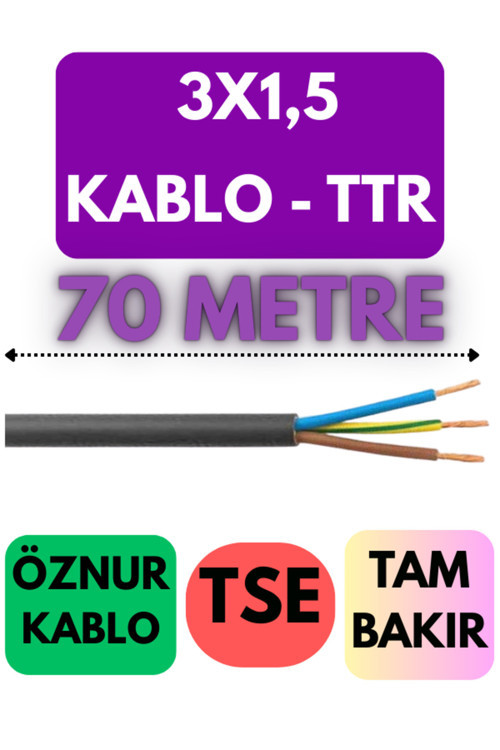 Öznur 3X1,5 TTR Kablo Metre Seçenekli (Siyah) 70 METRE