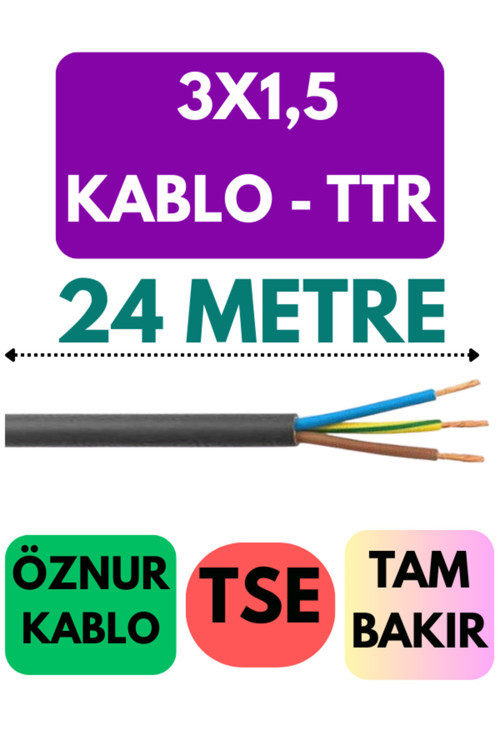 Öznur 3X1,5 TTR Kablo Metre Seçenekli (Siyah) 24 METRE