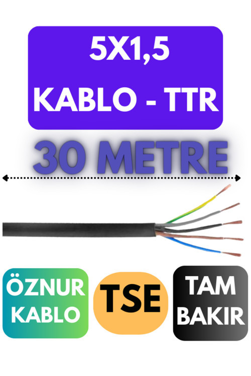 Öznur 5X1,5 TTR Kablo Metre Seçenekli (Siyah) 30 METRE