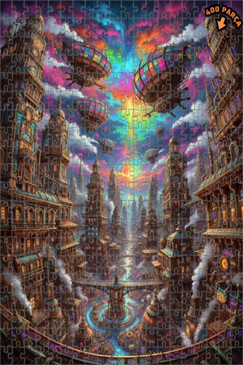 Steampunk Gök Şehri Yağlı Boya Görünümlü Çift Katlı Çerçeveli Ahşap Puzzle 400 PARÇA 35x35