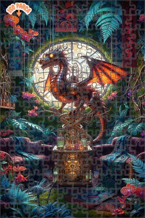 Steampunk Ejderha Ormanı Yağlı Boya Görünümlü Ahşap Puzzle 150 PARÇA 20x30