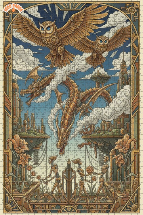 Steampunk Ejderha ve Mekanik Baykuş Sanatı Çift Katlı Çerçeveli Ahşap Puzzle 1000 PARÇA 70x50