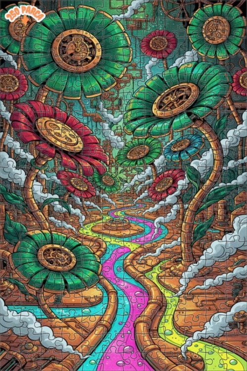 Fütüristik Buhar Çiçekleri Çift Katlı Çerçeveli Ahşap Puzzle 250 PARÇA 30x30