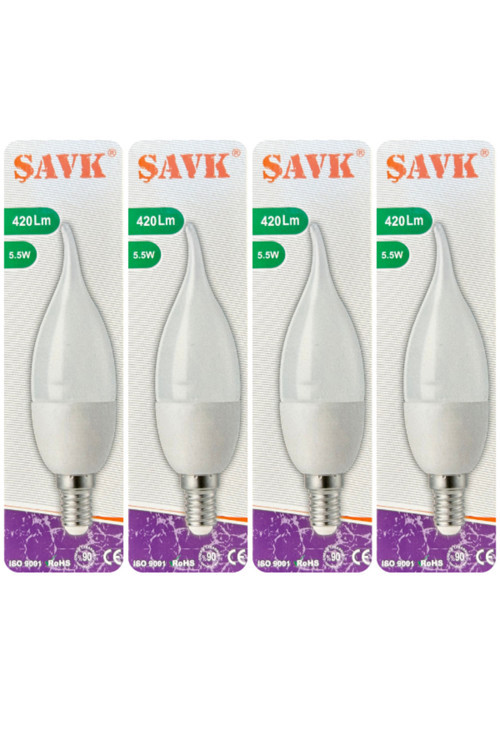 (4 Adet) Şavk 5,5W (37W) Beyaz Işık (6500K) E14 Duylu (İnce Duy) Led Kıvrık Ampul