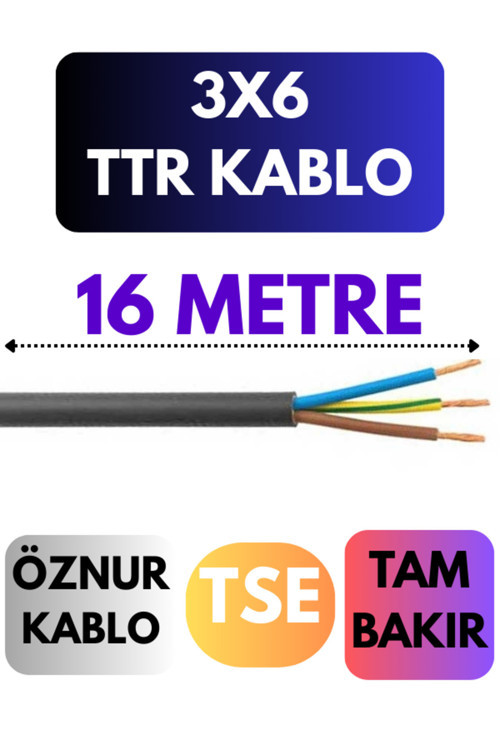 Öznur 3X6 TTR Kablo Metre Seçenekli (Siyah) 16 METRE