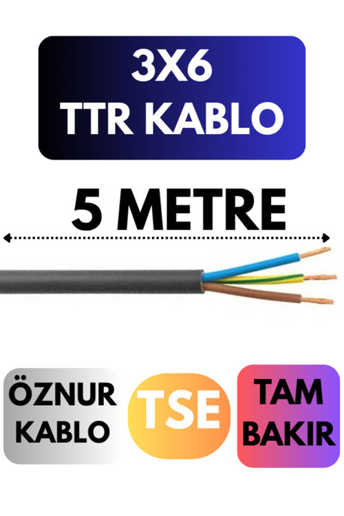 Öznur 3X6 TTR Kablo Metre Seçenekli (Siyah) 5 METRE
