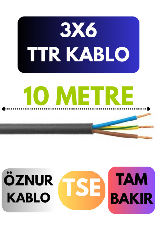 Öznur 3X6 TTR Kablo Metre Seçenekli (Siyah) 10 METRE