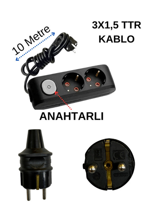 (2'Li) İkili Priz Topraklı Anahtarlı Kablolu Siyah (3x1,5 TTR) 10 (On) Metre