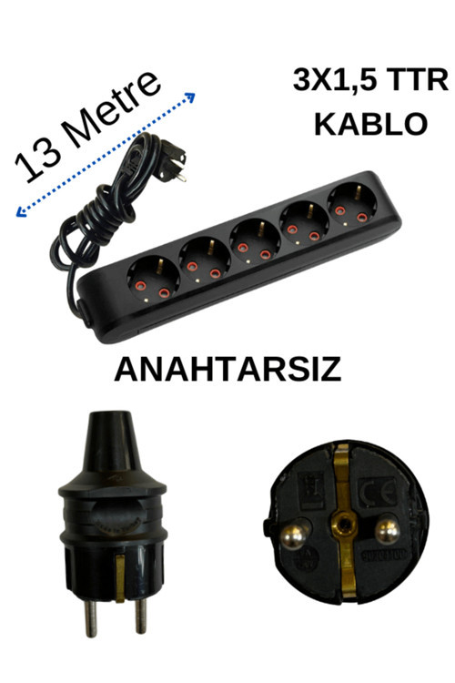 (5'Li) Beşli Priz Topraklı Kablolu Siyah (3x1,5 TTR) 13 (On Üç) Metre
