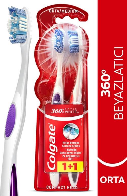 360 Optik Beyaz Dil Ve Yanak Temizleyicili Orta Beyazlatıcı Diş Fırçası 1+1