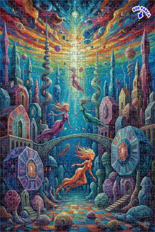 Gizemli Deniz Kızı Şehri Yağlı Boya Görünümlü Çift katlı Çerçeveli Ahşap Puzzle 600 PARÇA 50x35