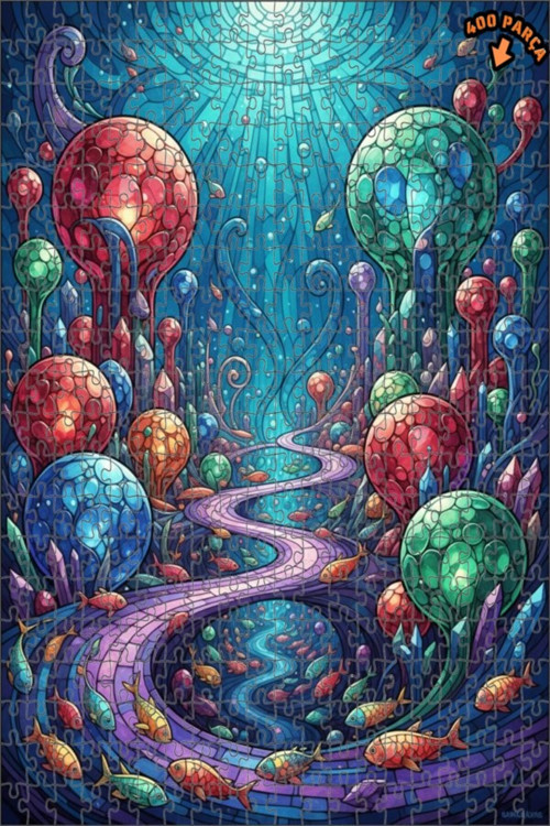 Fantastik Su Altı Dünyası Cam Mozaik Görünümlü Çift Katlı Çerçeveli Ahşap Puzzle 400 PARÇA 35x35