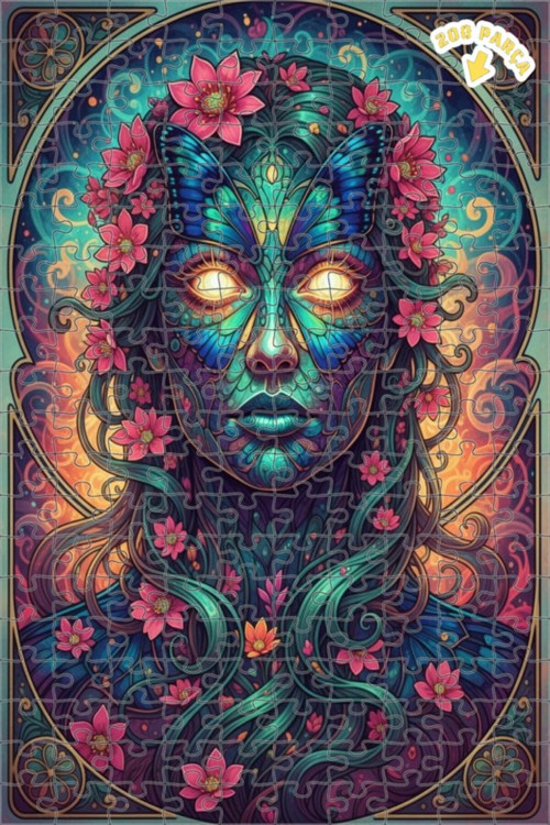 Rüya Kelebek Kadın Yağlı Boya Görünümlü Sanat Çift katlı Çerçeveli Ahşap Puzzle 200 PARÇA 25x35