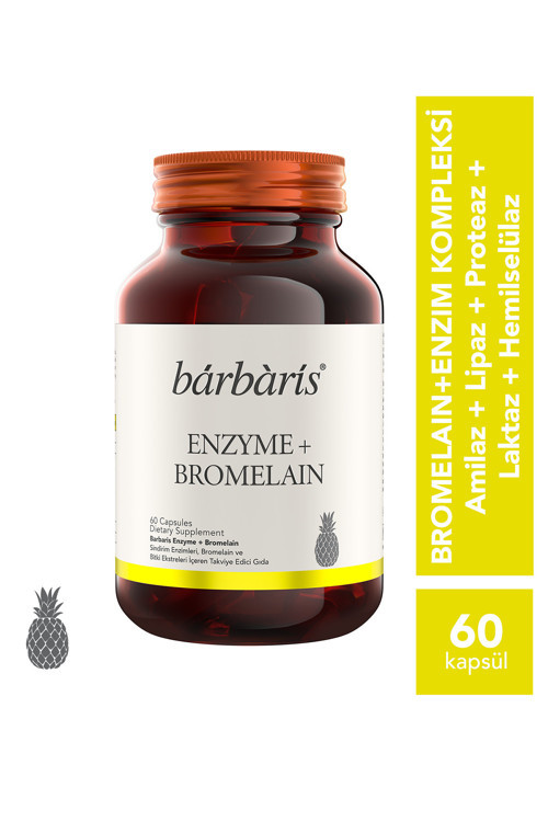 Enzyme + Bromelain - 60 Kapsül - Sindirim Enzimleri (Amilaz, Lipaz, Laktaz, Proteaz, Hemisülaz), Bromelain (Ananas Özü) ve Bitki Ekstreleri Takviye Edici Gıda