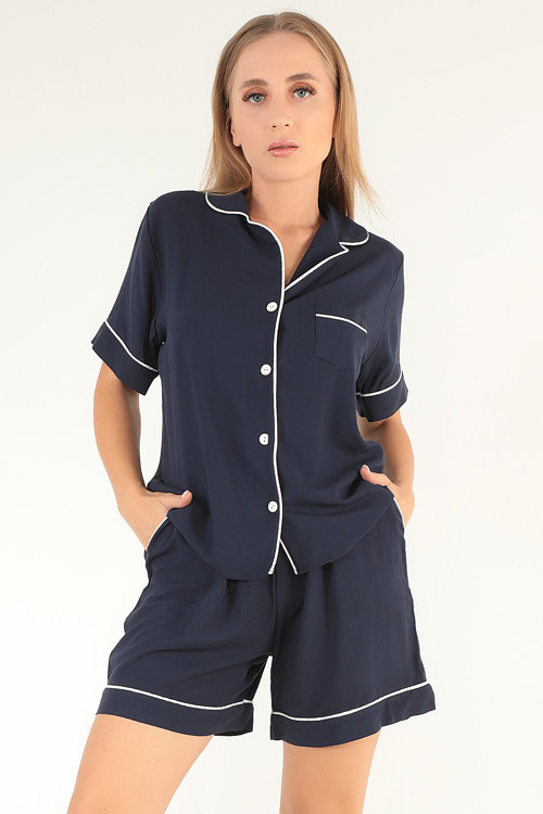 Lacivert Kısa Kollu Kadın Şortlu Pijama Takım