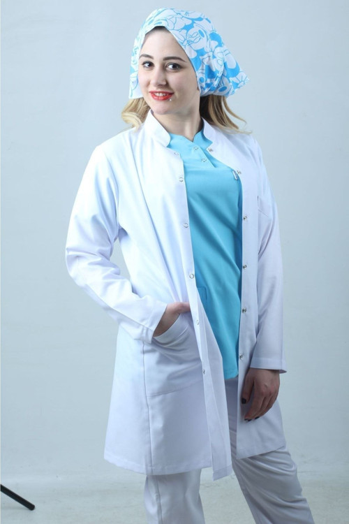 Kadın hakim yaka uzun kol uzun boy beyaz doktor önlük, hemşire, eczacı, öğretmen, laborant önlüğü