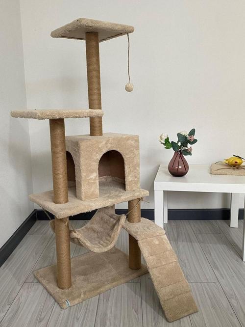 B-07 Hamaklı Yuvalı Lüx Kedi Tırmalama Oyun Evi-bej