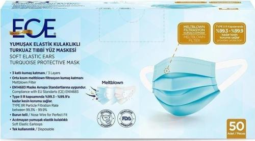 Yumuşak Elastik Kulaklıklı Tıbbi Yüz Maskesi Turkuaz