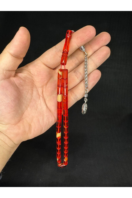 ATEŞ KEHRİBAR TESBİH KIRMIZI-BEYAZ RENKLİ KESME KESİM 10,5MMX6MM T-660