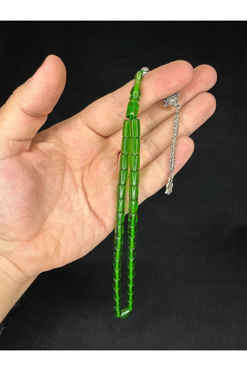 ATEŞ KEHRİBAR TESBİH YEŞİL RENKLİ KESME KESİM 10,5MMX6MM T-661